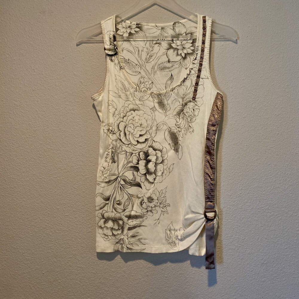 Y2K Cream & Brown Floral Tank‎ Top Medium Festival Concert Style